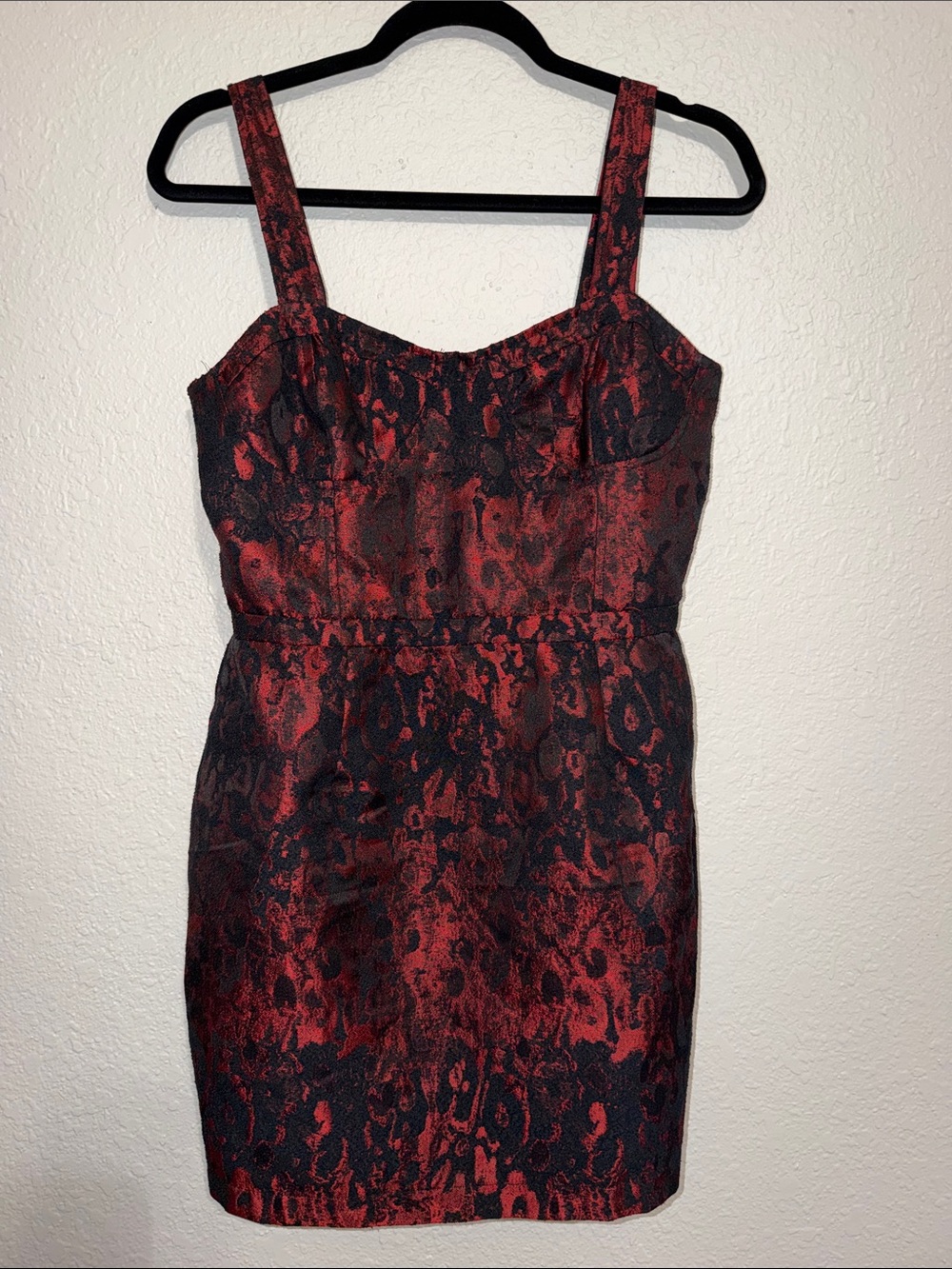 Lucca Couture jacquard mini dress rich red and black brocade floral motif